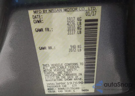 2017 Nissan Altima 2.5 Sv z USA, uszkodzony, nr VIN 1N4AL3AP9HC192690